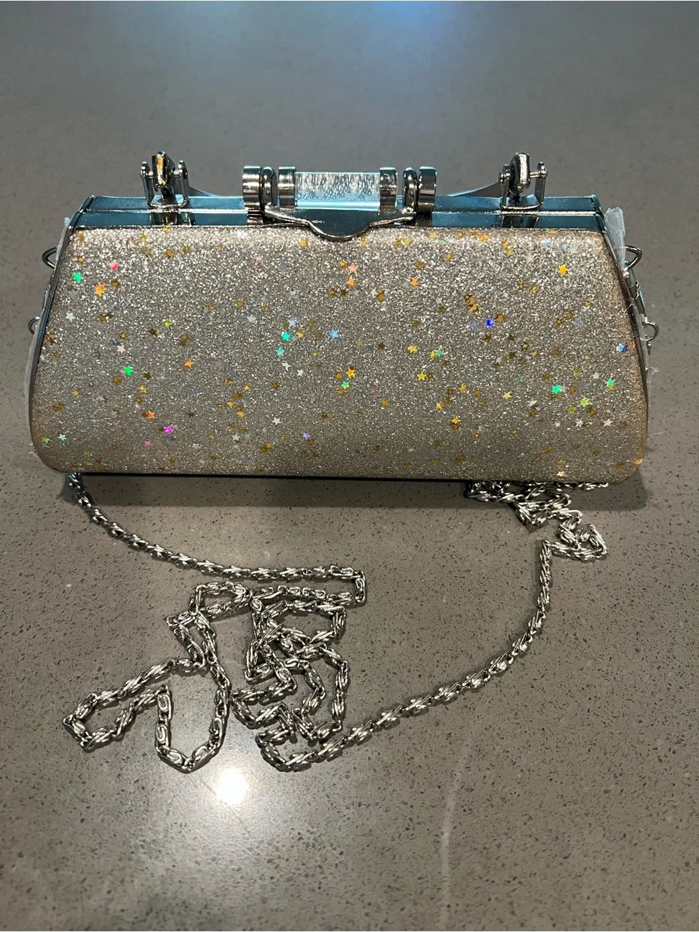 Silver Glitter Star Clutch Bag with Chain Strap